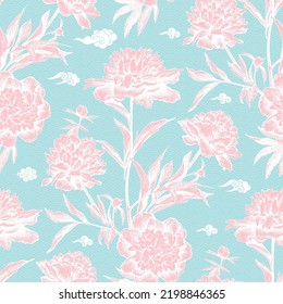 Beautiful seamless pattern in chinese style with hand drawn luxurious pink Peonies flowers and clouds on a blue background. Vector illustration of Peonies. Floral elements  for textile design