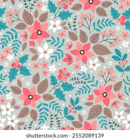 Beautiful seamless pattern. Christmas seamless pattern with holly pink berries. Christmas floral pattern. Branches on a gray background - winter concept, Christmas - vector illustration