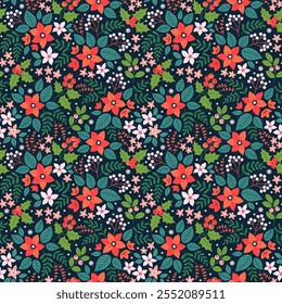 Beautiful seamless pattern. Christmas seamless pattern with holly red berries. Christmas floral pattern. Branches on a dark blue background - winter concept, Christmas - vector illustration