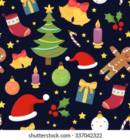 Beautiful seamless pattern with christmas symbols on dark blue background - stars, santa hats, bells, gifts, socks, christmas trees, decorations, candles, gingerbread men and holly