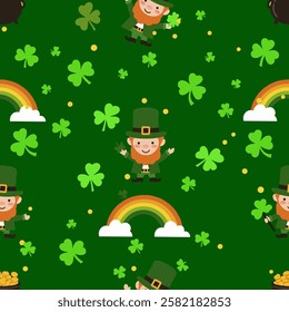 Beautiful seamless pattern with clover, rainbow, pot of gold in trendy colors. Happy St. Patrick's Day. Surface design for textiles, fabric, wallpaper, wrapping, gift wrap, paper, scrapbooking and pac