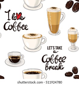 Beautiful seamless pattern with coffee break lettering, espresso, americano, cappuccino, macchiato, latte, coffee beans for cafe or coffee-shops. Inspired by variety of coffee beverages.