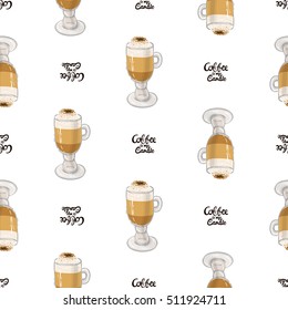 Beautiful seamless pattern with coffee is my cardio lettering, macchiato for cafe or coffee-shops. Inspired by variety of coffee beverages. Vector background with isolated elements on white backdrop.