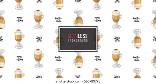 Beautiful seamless pattern with coffee is my cardio lettering and macchiato for cafe or coffee-shops. Vector background with isolated elements on white backdrop.