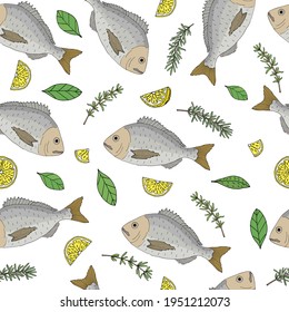 Beautiful seamless pattern, color fish Dorado with lemon, thyme, basil, rosemary. Vector illustration.