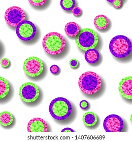 Beautiful seamless pattern with colorful circles and shadows in low poly style isolated on white background; Vector endless texture; Abstract multicolor geometric ornament for fabric print, wallpaper