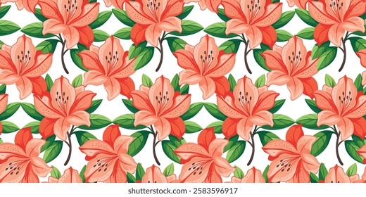 Beautiful Seamless Pattern. Colorful Flower Buds of Azaleas On White Background