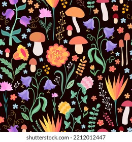 Beautiful seamless pattern with colorful flowers, leaves and mushrooms. Print for fabric with floral motifs. Cute vector design.