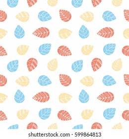 Beautiful seamless pattern with colorful hand drawn leaves on white background.
