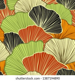 Beautiful Seamless pattern with colorful leaves or with abstract shrubs in olive gold  red black colors  for wallpaper or for  textile  fashion drapery clothes or for decoration package or other thing