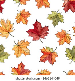 Beautiful Seamless Pattern of Colorful Maple Leaves on White Background. Pattern for Textile Design, Fabric Printing, Packaging, Wallpaper.