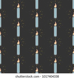 Beautiful seamless pattern with colorful Merry Christmas Candle on dark background. Think Line Style. Flat Design. Vector Illustration