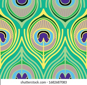 Hermoso patrón impecable. Colorida pluma de pavo real con los ojos. Ilustración vectorial.