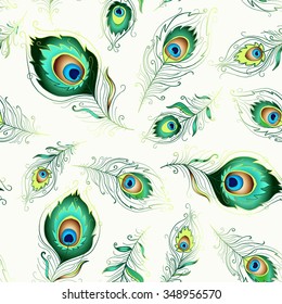 Beautiful seamless pattern with colorful peacock feathers