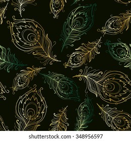 Beautiful seamless pattern with colorful peacock feathers