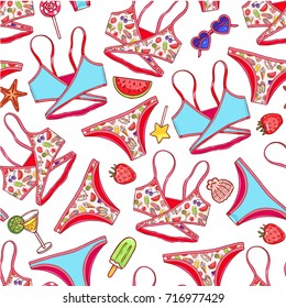 beautiful seamless pattern of colorful swimsuits. hand-drawn illustration