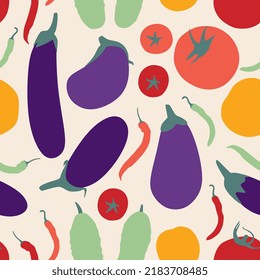 Beautiful seamless pattern with colorful vegetables: purple eggplants, green cucumbers, red hot peppers and orange tomatoes on a light beige background. Print for fabric, wallpaper.