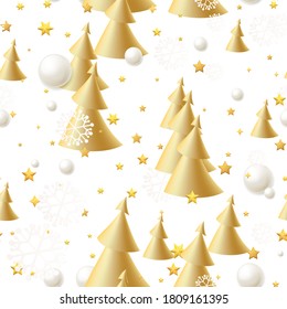 Schönes, nahtloses Muster mit konischen abstrakten Goldwein, Sternenkonfetti, Schneeball. Großartig für das neue Jahr und Weihnachtsfeierplakate, Header, saisonale Tapete, Winterhintergrund. Vektorgrafik
