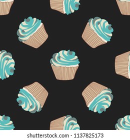 Beautiful seamless pattern with cupcakes on a dark background.