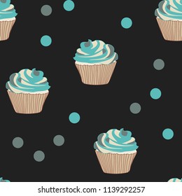 Beautiful seamless pattern with cupcakes on a dark background.