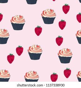 Beautiful seamless pattern with cupcakes and strawberries on a pink background.