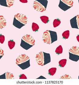 Beautiful seamless pattern with cupcakes and strawberries on a pink background.