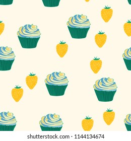 Beautiful seamless pattern with cupcakes and strawberries on a pink background.