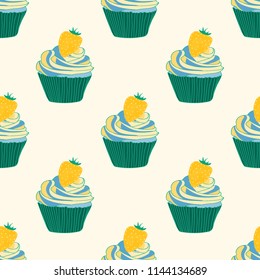 Beautiful seamless pattern with cupcakes and strawberries on a pink background.