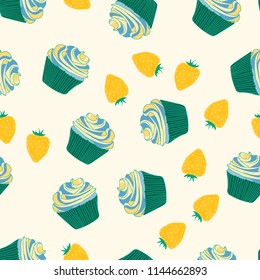 Beautiful seamless pattern with cupcakes and strawberries on a pink background.