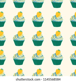 Beautiful seamless pattern with cupcakes and strawberries on a pink background.