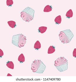 Beautiful seamless pattern with cupcakes and strawberries on a pink background.