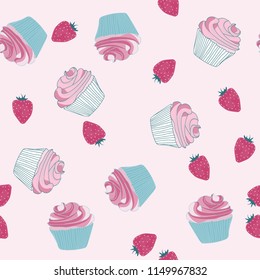 Beautiful seamless pattern with cupcakes and strawberries on a pink background.