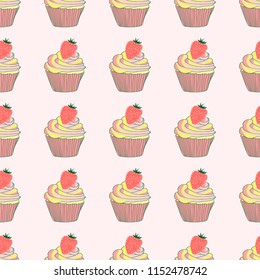 Beautiful seamless pattern with cupcakes and strawberries on a pink background.