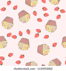Beautiful seamless pattern with cupcakes and strawberries on a pink background.