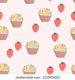 Beautiful seamless pattern with cupcakes and strawberries on a pink background.