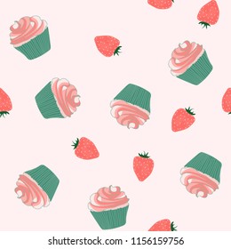 Beautiful seamless pattern with cupcakes and strawberries on a pink background.