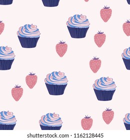 Beautiful seamless pattern with cupcakes and strawberries on a pink background.