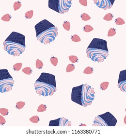 Beautiful seamless pattern with cupcakes and strawberries on a pink background.
