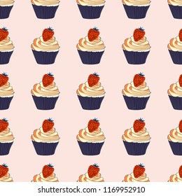 Beautiful seamless pattern with cupcakes and strawberries on a pink background.