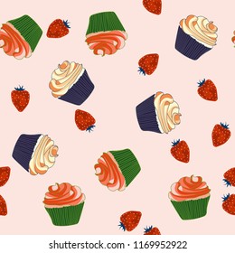 Beautiful seamless pattern with cupcakes and strawberries on a pink background.
