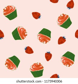 Beautiful seamless pattern with cupcakes and strawberries on a pink background.