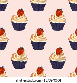 Beautiful seamless pattern with cupcakes and strawberries on a pink background.