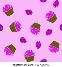 Beautiful seamless pattern with cupcakes and strawberries on a pink background.