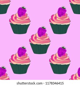 Beautiful seamless pattern with cupcakes and strawberries on a pink background.
