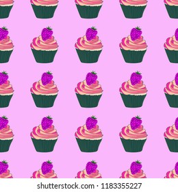 Beautiful seamless pattern with cupcakes and strawberries on a pink background.