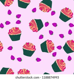 Beautiful seamless pattern with cupcakes and strawberries on a pink background.