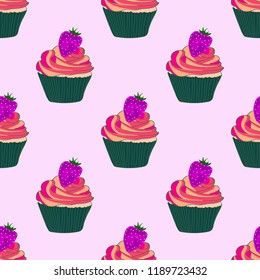 Beautiful seamless pattern with cupcakes and strawberries on a pink background.