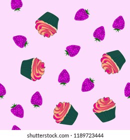 Beautiful seamless pattern with cupcakes and strawberries on a pink background.