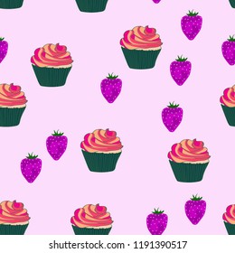 Beautiful seamless pattern with cupcakes and strawberries on a pink background.