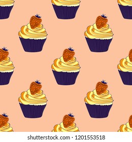 Beautiful seamless pattern with cupcakes and strawberries on a pink background.